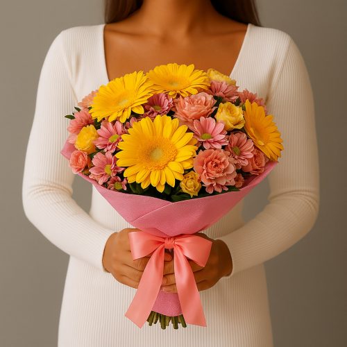 Букет с герберами и хризантемой «Розовый закат»